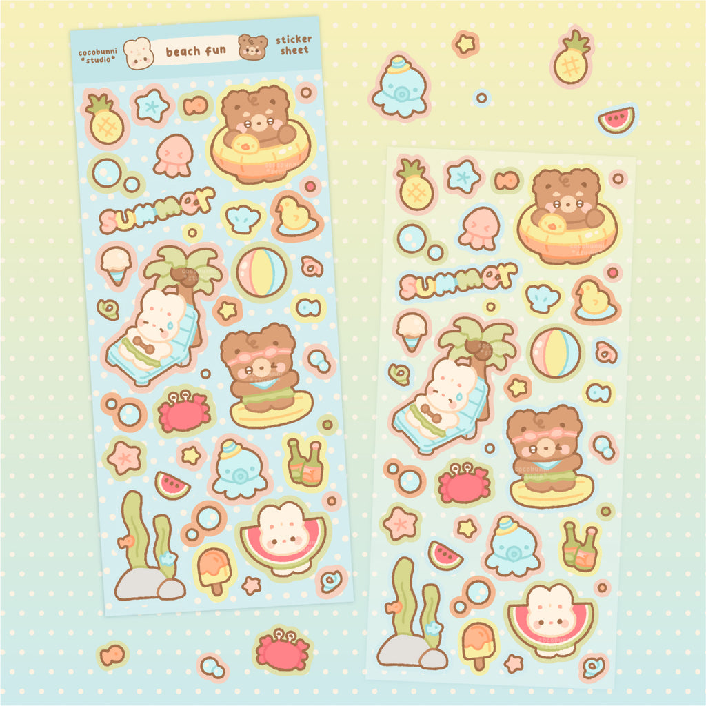Sticker sheet with cute summer-themed designs featuring bears and beach elements on a light blue background.