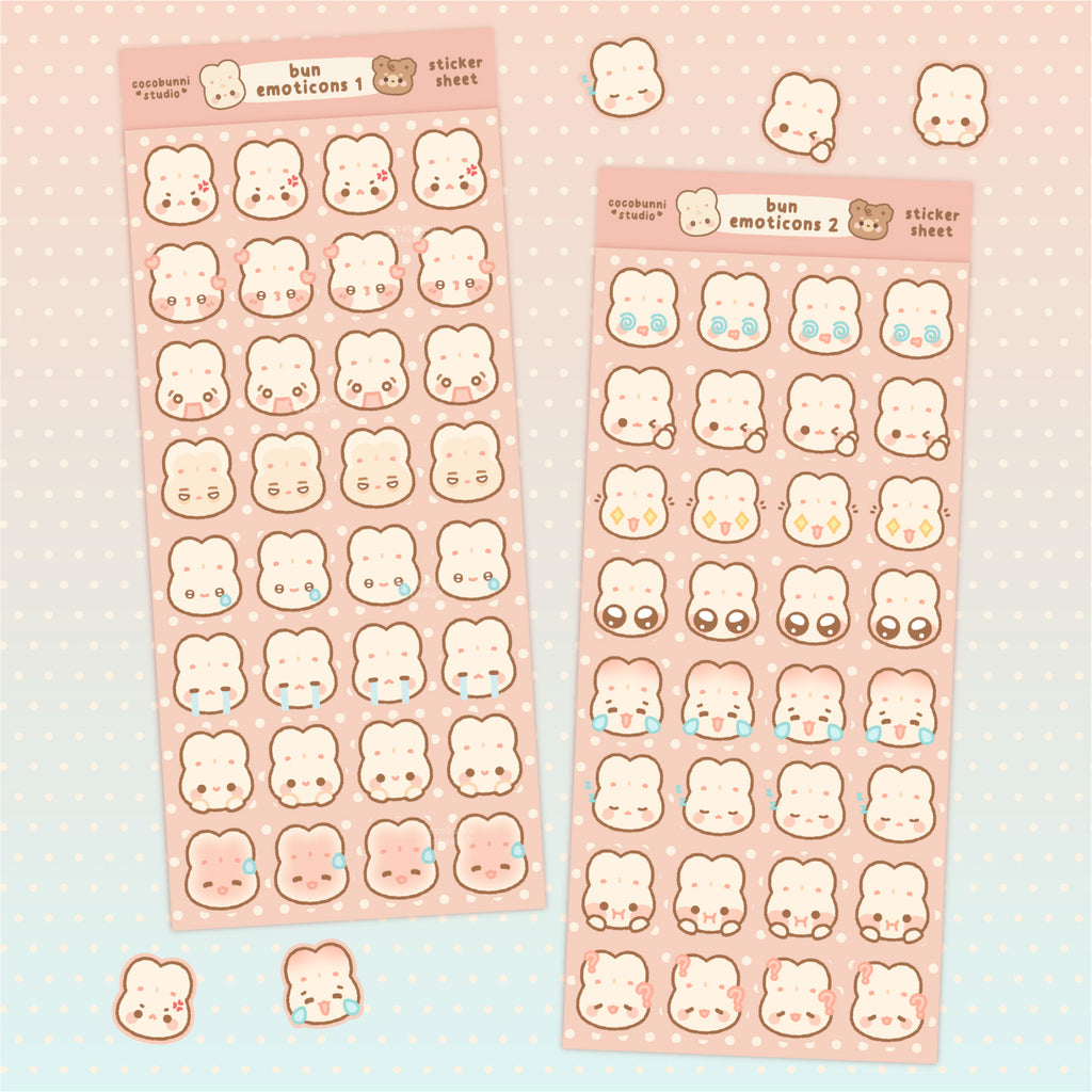 Two sheets of cute bunny face stickers on a light pink background