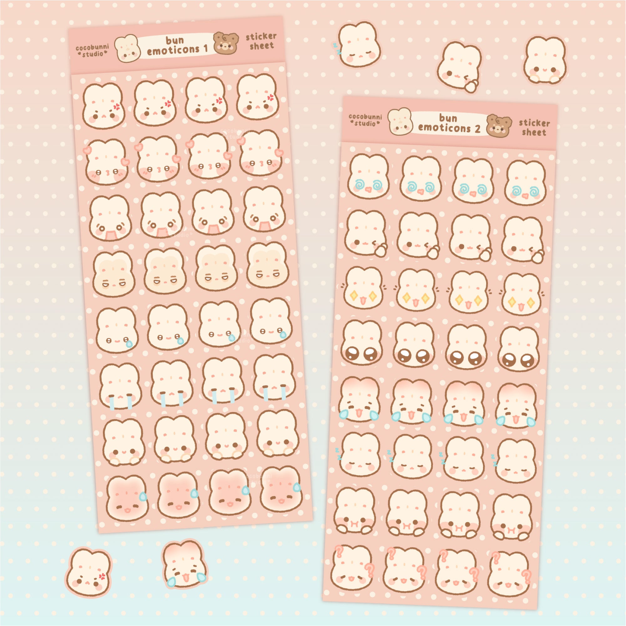 Two sheets of cute bunny face stickers on a light pink background