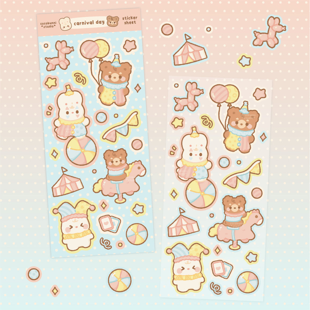 Cute cartoon stickers with bears, bunnies and circus elements on a pink background