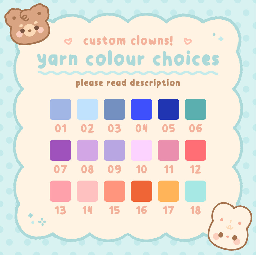 Yarn color choice chart with custom clown design on a light blue background