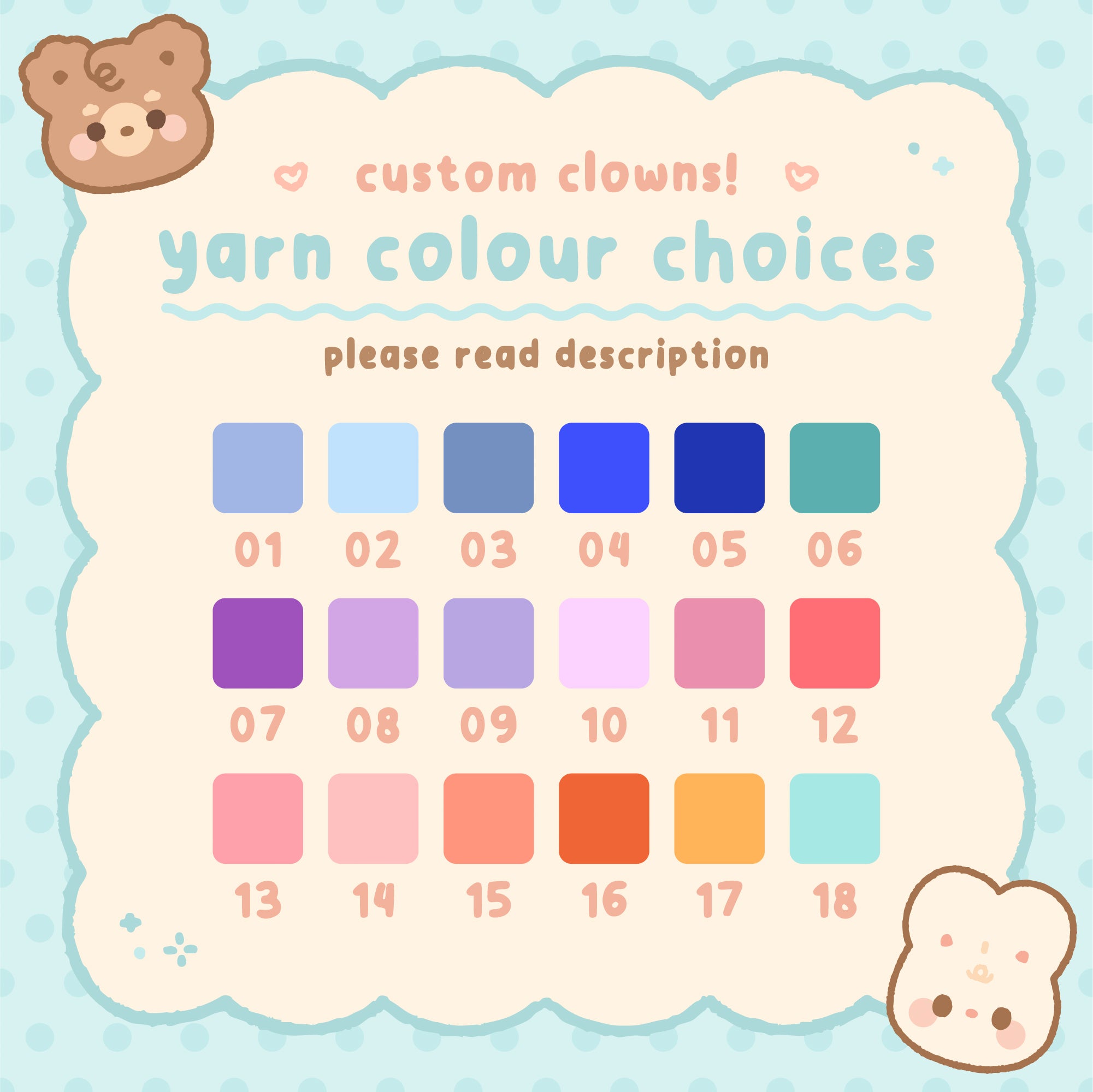 Yarn color choice chart with custom clown design on a light blue background