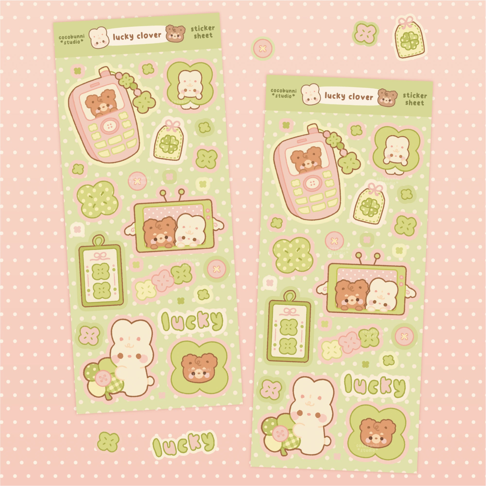 Two sticker sheets with cute illustrations on a pink background